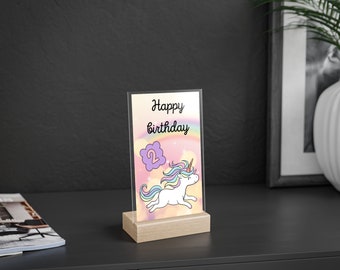 2. Geburtstag Einhorn Acryl Schild mit Holzständer