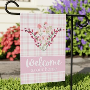Haus und Garten Banner, Willkommen zu Hause Flagge, rosa Gartenfahne, Blumenhausfahne, Familien-Willkommensschild im Freien, Frühlingshoffahne, Gartengeschenk