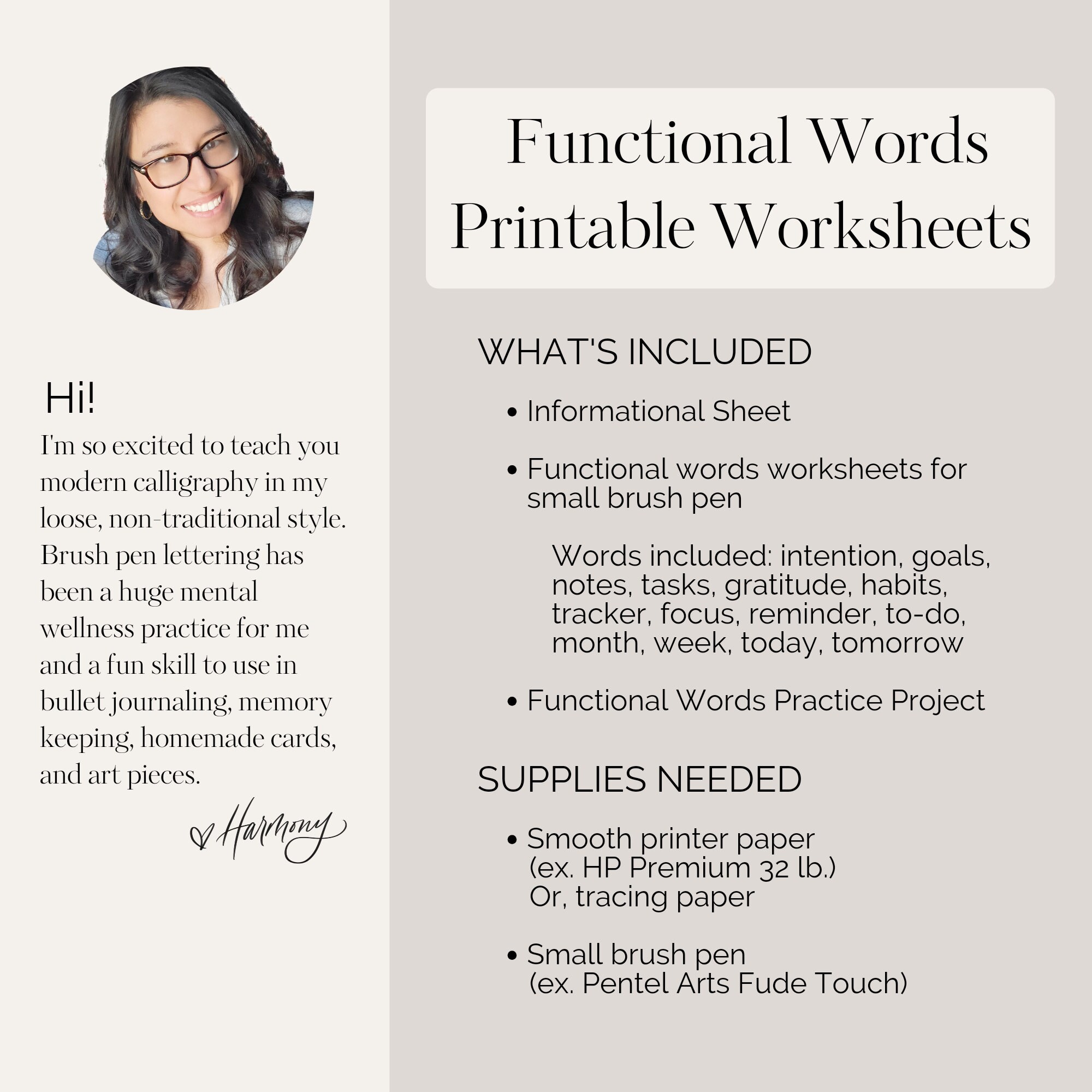 Functional Words small Brush Pen Calligraphy Digital Worksheets ...