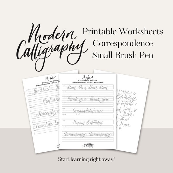 Correspondence Words (Small Brush Pen) Calligraphy Digital Worksheets | Printable Modern Calligraphy | Brush Lettering Worksheets