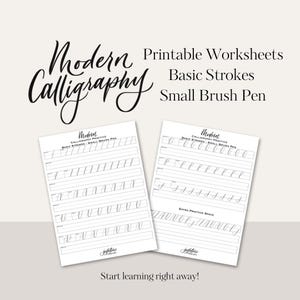 May include: Two printable worksheets for practising basic calligraphy strokes using a small brush pen. The worksheets feature a variety of strokes and practice space.
