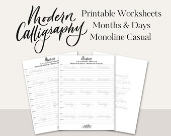 Months & Days Casual Monoline Calligraphy Digital Worksheets | Printable Modern Calligraphy | handlettering Worksheets