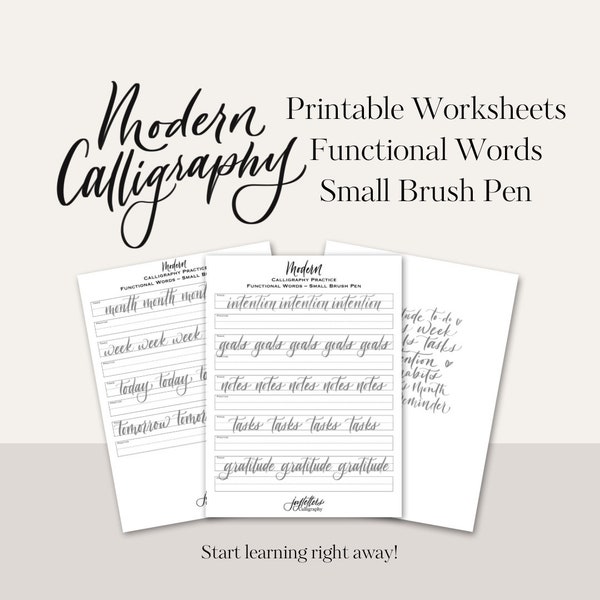 Functional Words (Small Brush Pen) Calligraphy Digital Worksheets | Printable Modern Calligraphy | Brush Lettering Worksheets