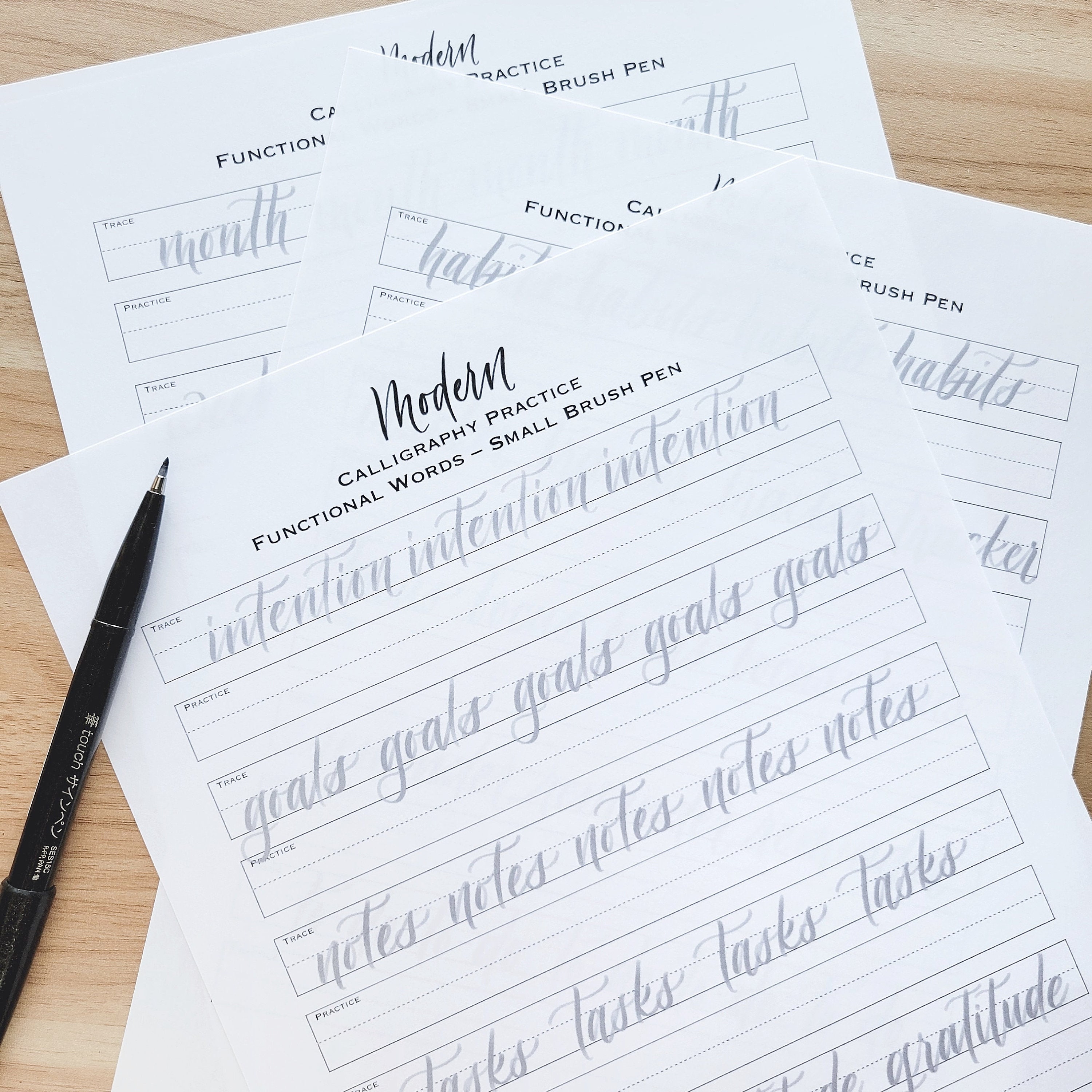 Functional Words small Brush Pen Calligraphy Digital Worksheets ...