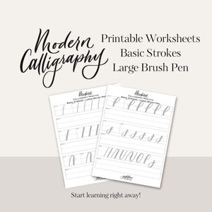 Könnte beinhalten: Zwei ausdruckbare Kalligraphie-Arbeitsblätter mit dem Text "Modern Calligraphy" und "Basic Strokes". Die Arbeitsblätter zeigen Übungsstriche und den Text "Start learning right away!"