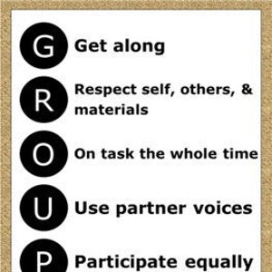May include: Black and white poster with the acronym "GROUPS" in large, bold letters. Each letter is circled and has a corresponding rule for group work: Get along, Respect self, others, & materials, On task the whole time, Use partner voices, Participate equally, Stay with your group.