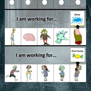 May include: A game board with three rows of images. The top row has five blank circles. The second row has five images: a zombie, a brain, a zombie, a zombie hand, and a zombie finger. The third row has five images: a zombie, a zombie, a zombie, a zombie, and a zombie holding a baby. The game board has the text "I am working for..." above each row. The game board also has a yellow box with the text "ATTACH REWARD CARD HERE" and a blue box with the text "Slime".