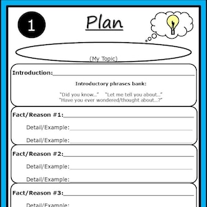 May include: A black and white printable worksheet with the title "Plan" and a lightbulb graphic. The worksheet is divided into sections for an introduction, facts and reasons, and a conclusion. It includes a bank of introductory and concluding phrases.