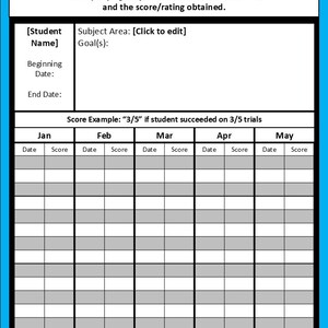 May include: A black and white progress monitoring log with a blue border. The log is divided into sections for student name, subject area, goals, beginning date, end date, and monthly progress. Each month is divided into columns for date and score.