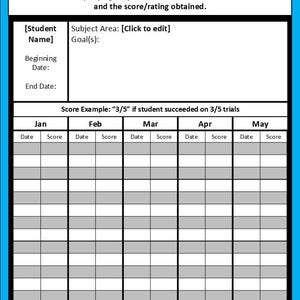 May include: A black and white progress monitoring log with a blue border. The log is divided into sections for student name, subject area, goals, beginning date, end date, and monthly progress. Each month is divided into columns for date and score.