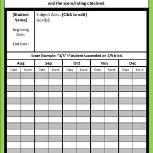 May include: A black and white progress monitoring log template with the title "Progress Monitoring Log". The template includes sections for student name, subject area, goals, beginning date, end date, and a table to track progress over the months of August, September, October, November, and December. The table includes columns for date and score.