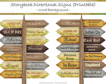 Storybook Directional Signs (Printable) - Wood Background