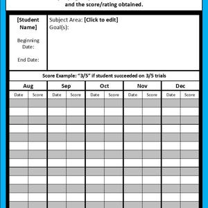May include: A printable progress monitoring log template with a blue background. The template includes sections for student name, subject area, goals, beginning date, end date, and a table to track progress over the months of August, September, October, November, and December. The table includes columns for date and score.