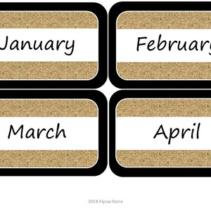 May include: Four brown burlap squares with black borders and white text. The squares are labeled "January", "February", "March", and "April".