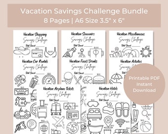 May include: A printable PDF bundle of 8 vacation savings challenge pages. Each page features a different category of vacation expenses, such as shopping, souvenirs, food, drinks, activities, car rentals, airplane tickets, and hotels. Each page has a list of items with a price next to each item. The user can track their savings by coloring in the items as they save money.