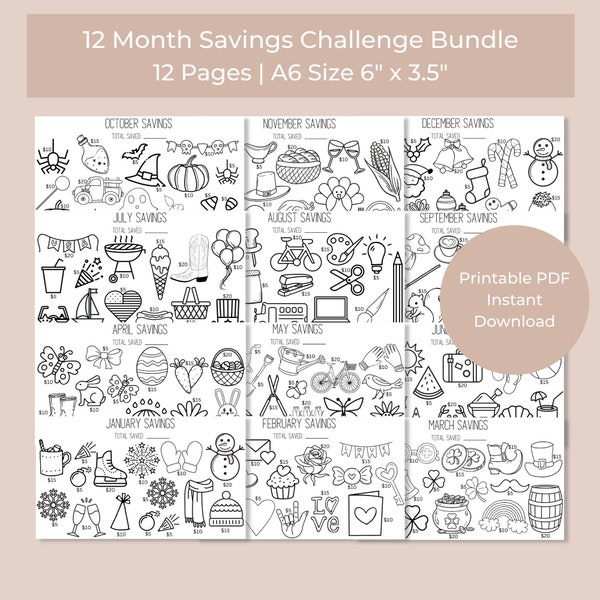 A6 12 Month Savings Challenge Bundle, 12 Month Savings Challenge, Money Saving Challenge, Savings Tracker, Cash Budgeting, Printable PDF