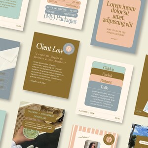 May include: A collection of cards with text and graphics, featuring a neutral color palette. The cards display phrases like "Client Love," "Virtual Assistance," and "Calendar Scheduling." Some cards include quotes and platform names like ClickUp and Pinterest.