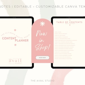 May include: Digital content planner template on two black tablets. The left tablet displays "The Ultimate Social Media Content Planner" in pink and white. The right tablet shows a table of contents. A pink banner reads "New in Shop!"