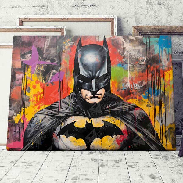 Sombras dinámicas, El viaje del vigilante de Batman: un colorido arte de pared de graffiti abstracto en lienzo 2:3, ¡decoración de pared perfecta para los fanáticos de DC Comics!