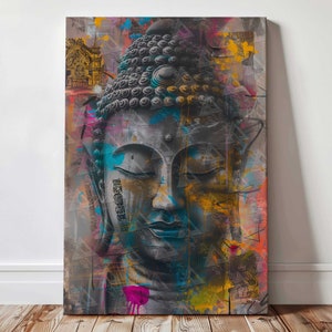Toile bouddha vibrante | Décoration murale bouddhiste spirituelle colorée | Impression d'art yoga méditation | Décoration d'intérieur zen | Décoration murale bohème pour chambre à coucher