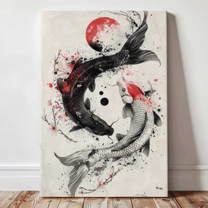 Elegant Japanese Koi Fish Canvas Wall Art, Yin-Yang Design, Wall Art Decor, Zen-Inspired Canvas Art Print for Living Room, Bedroom or Office