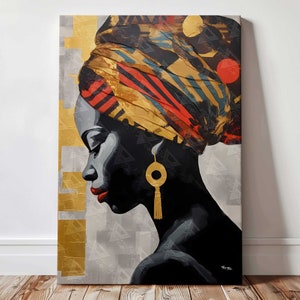 African Woman Canvas Wall Art, Bold Black Female Portrait, Large Abstract African American Wall Art, Living Room, Bedroom, Office Decor