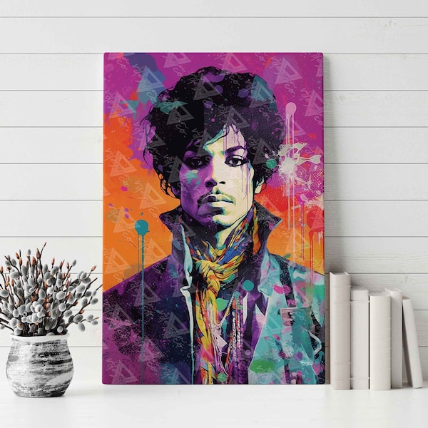 Pay Homage to the Legendary Prince with Colorful Graffiti Art, An Abstract Portrait of the Iconic Singer-Songwriter on a Stretched Canvas