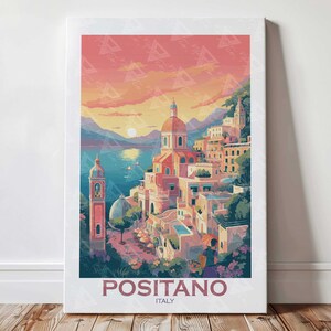 Positano&#39;s coastal charm - Vintage canvas art Amalfi Coast print revealing the hidden wonders of Italy - Dive into this Positano beach print