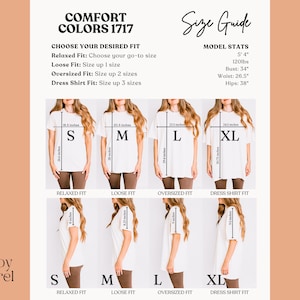 May include: Size chart for t-shirts with four different fits: Relaxed, Loose, Oversized, and Dress Shirt. The chart shows a model wearing each fit in sizes S, M, L, and XL. The measurements for each size are listed in inches.