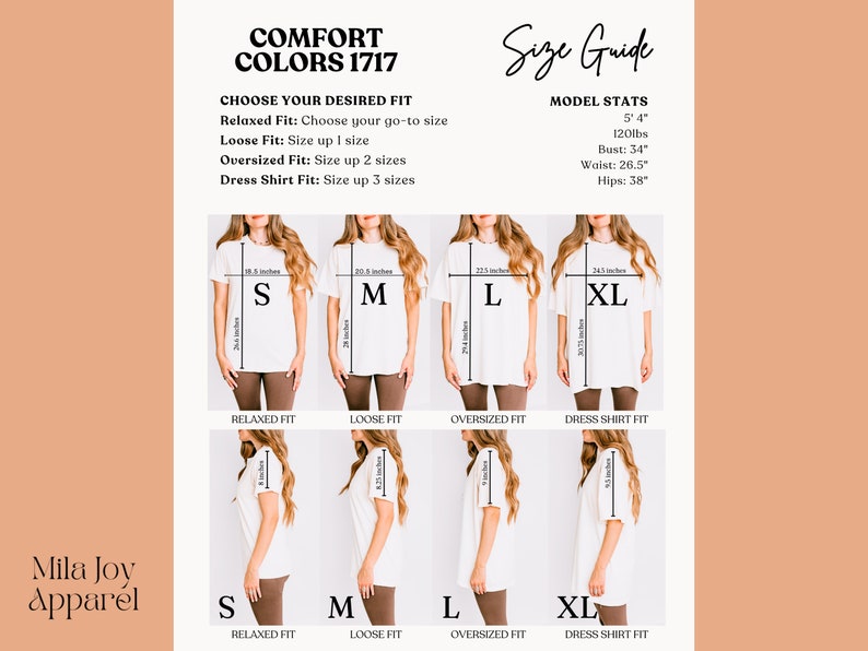 May include: Size chart for t-shirts with four different fits: Relaxed, Loose, Oversized, and Dress Shirt. The chart shows a model wearing each fit in sizes S, M, L, and XL. The measurements for each size are listed in inches.