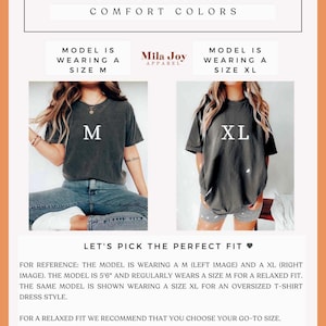 May include: Size guide for a t-shirt dress. The model is wearing a size M and a size XL. The text reads "Let's pick the perfect fit."  "For reference: The model is wearing a M (left image) and a XL (right image). The model is 5'6" and regularly wears a size M for a relaxed fit. The same model is shown wearing a size XL for an oversized t-shirt dress style. For a relaxed fit we recommend that you choose your go-to size. To achieve an oversized t-shirt dress we recommend going up 2 sizes."