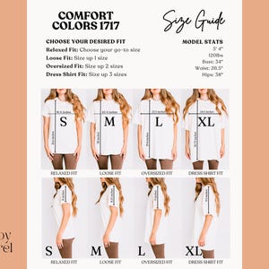 May include: A size chart for t-shirts with different fit options: relaxed, loose, oversized, and dress shirt. The chart shows a model wearing each fit in sizes S, M, L, and XL. The chart also includes model stats: 5'4" tall, 120 lbs, bust 34", waist 26.5", hips 38".
