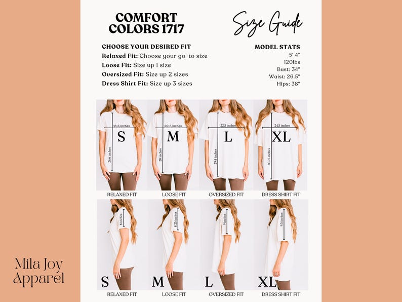 May include: A size chart for t-shirts with different fit options: relaxed, loose, oversized, and dress shirt. The chart shows a model wearing each fit in sizes S, M, L, and XL. The chart also includes model stats: 5'4" tall, 120 lbs, bust 34", waist 26.5", hips 38".
