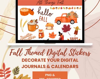 Peut inclure: Un écran d'ordinateur portable affichant une collection d'autocollants numériques sur le thème de l'automne. Les autocollants comprennent des images de citrouilles, de feuilles, d'un camion, d'un renard, d'un champignon, et plus encore. Le texte "All Things Fall" et "hello FALL" sont également inclus. Le texte "Fall Themed Digital Stickers" et "DECORATE YOUR DIGITAL JOURNALS & CALENDARS" est affiché sous l'ordinateur portable.
