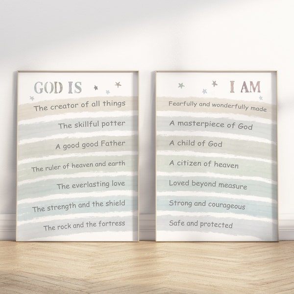 Who God is & Who I am Christian Kids Affirmation Printable Wall Art, Identity in Christ Neutral nursery/Sunday School/Classroom poster set 2