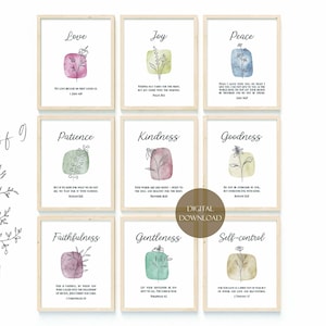 Fruit of the Spirit Galatians 5:22-23 Bible verse printable wall art set of 9, boho nursery playroom Church Sunday School homeschool decor