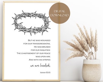 Isaiah 53:5 crown of thorns Bible Verse printable, Easter Decoration, Modern Christian wall art print, minimalist religious Easter decor