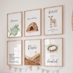 Religiöse Ostergeschichte Set von 6 Bibel-Vers-Wandkunst druckbare Galerie, christliche Karwoche Schrift-Zitat-minimalistisches Kunstwerk-Plakat-Druck