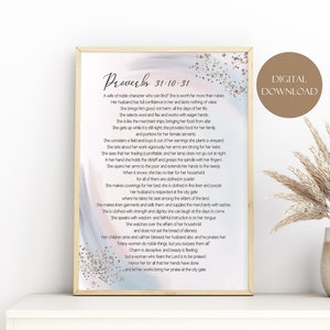 Proverbs 31 woman Modern Christian watercolor wall art printable, Proverbs 31:10-31 Bible verse wall art,  blush blue and gold