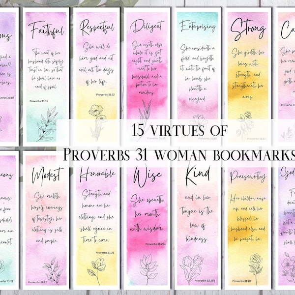 Proverbes 31 signets de versets bibliques pour femmes à imprimer, ensemble de 15 signets pour femmes chrétiennes vertus, cartes mémoire de la Bible, cadeau pour maman