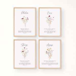 Agape Eros Philia Storge - 4 amour biblique définition grecque verset de la Bible art mural imprimable, affiche d'oeuvre d'art citation des écritures chrétiennes modernes