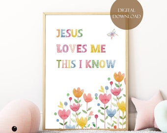 Jesus loves me this I know printable wall art, Christian nursery hymn Lullaby Lyrics decor, Baby Shower Gift, Church Sunday School artwork