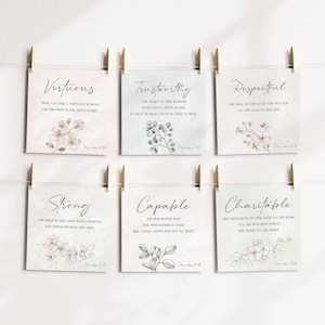 Spreuken 31 vrouw 12 deugden bijbelvers afdrukbare kaarten, moderne christelijke Moederdag schrift geheugenkaart set 12, cadeau voor christelijke moeder