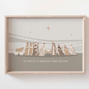 Art mural imprimable crèche de Noël verset de la Bible, oh venez, adorons-le Citation des écritures chrétiennes modernes, carte numérique religieuse