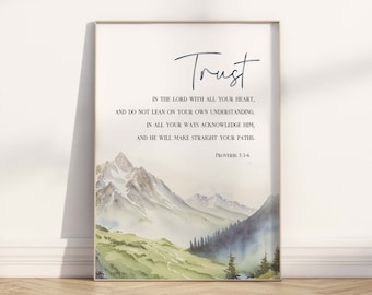 Proverbs 3:5-6 Trust in the Lord with all your heart Bible verse printable, Watercolor Landscape baptism gift, Modern Christian wall Art