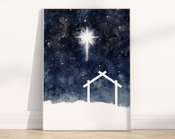 Star of Bethlehem Jesus Stable Christian printable wall art, modern minimalist watercolor Christmas nativity scene decor, holy night artwork