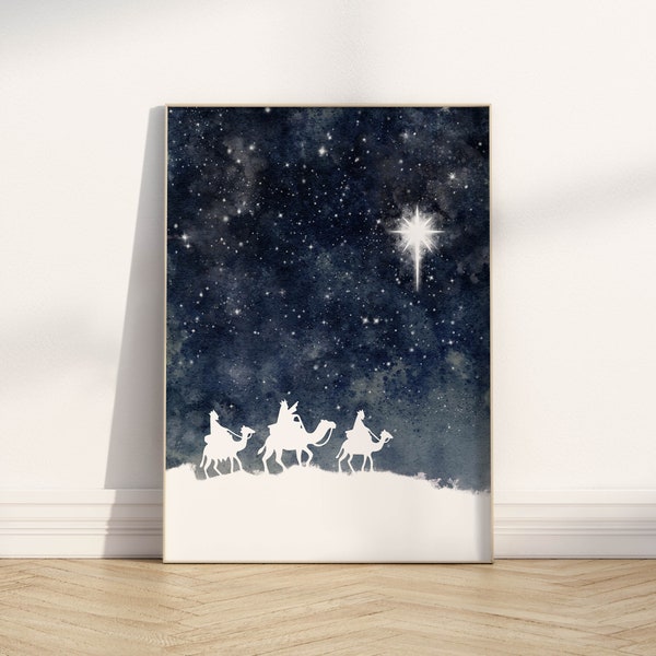 Star of Bethlehem 3 wise men Christian printable wall art, modern minimalist watercolor Christmas nativity scene decor holiday greeting card