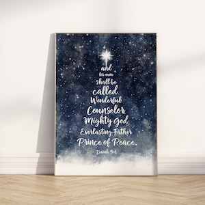 Jesaja 9:6 kerst bijbelvers afdrukbare muurkunst, moderne christelijke aquarel indigo blauwe ster van Bethlehem artwork poster print of kaart