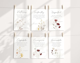15 attributen van Spreuken 31 vrouw bijbelvers afdrukbare kaart, bloemen aquarel minimalistische bloem schrift geheugencitaat christelijke moeder cadeau