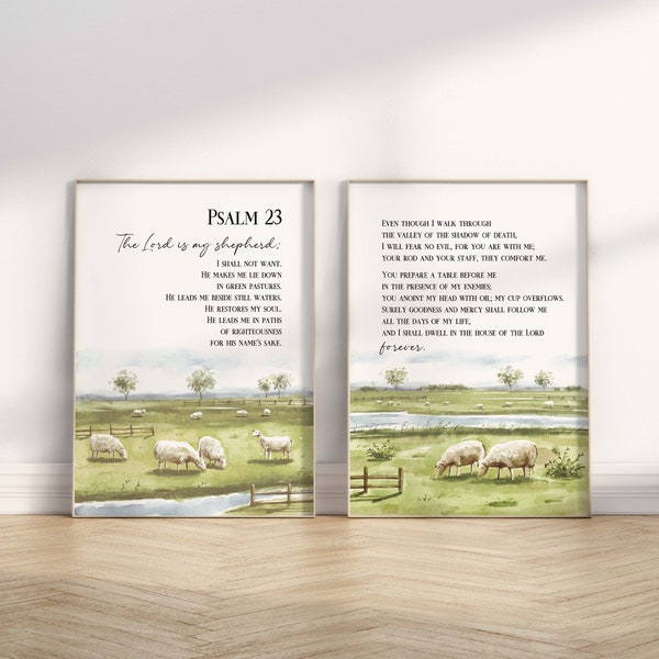 Psalm 23 The Lord is my Shepherd Bible verse printable wall art, Set of 2 Modern Christian watercolor wall decor, 2-piece religious quote